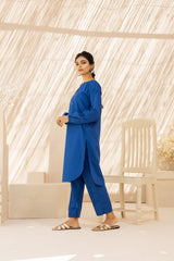 2PC Royal Blue Luxe Cotton Solid Stitched Suit - Janaan Clothing